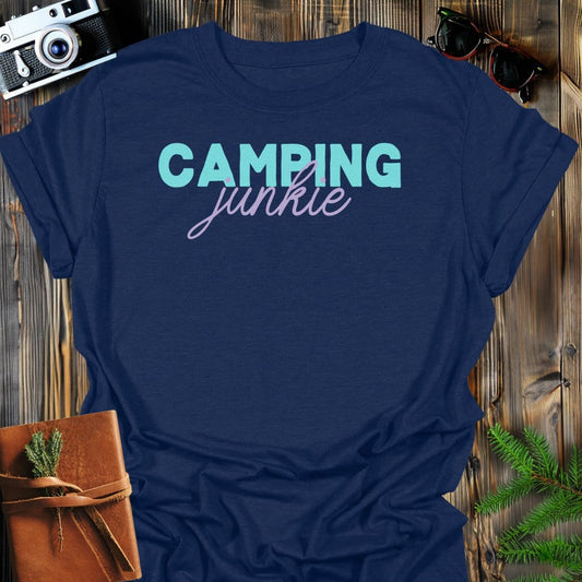 Camping Junkie T-Shirt In Navy / S Lightweight adventure tee for outdoor lovers Perfect for hiking camping or road trips Made from soft breathable cotton for all-day comfort Ideal for nature lovers and adventurers FAYO Threads outdoor apparel remember Fun Awaits You Outside