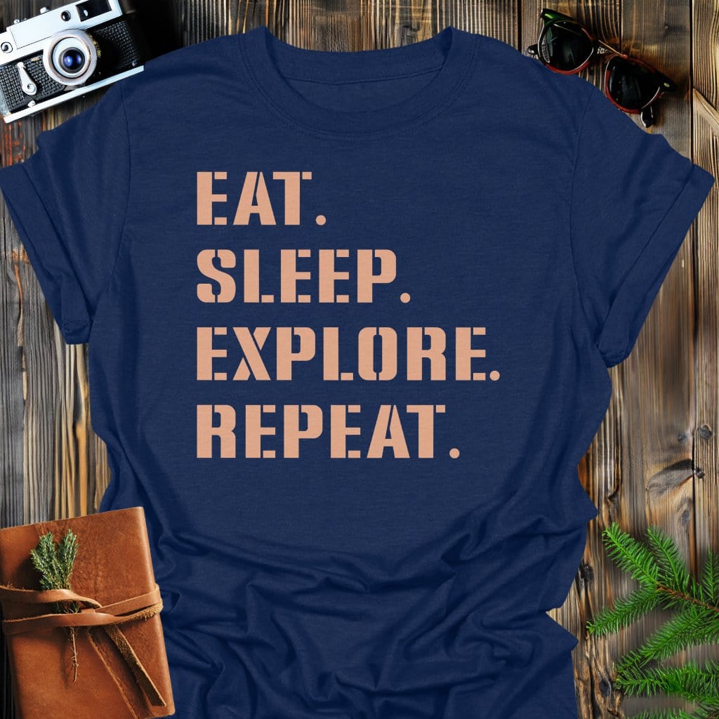 Explore Repeat T-Shirt In Navy / S Lightweight adventure tee for outdoor lovers Perfect for hiking camping or road trips Made from soft breathable cotton for all-day comfort Ideal for nature lovers and adventurers FAYO Threads outdoor apparel remember Fun Awaits You Outside
