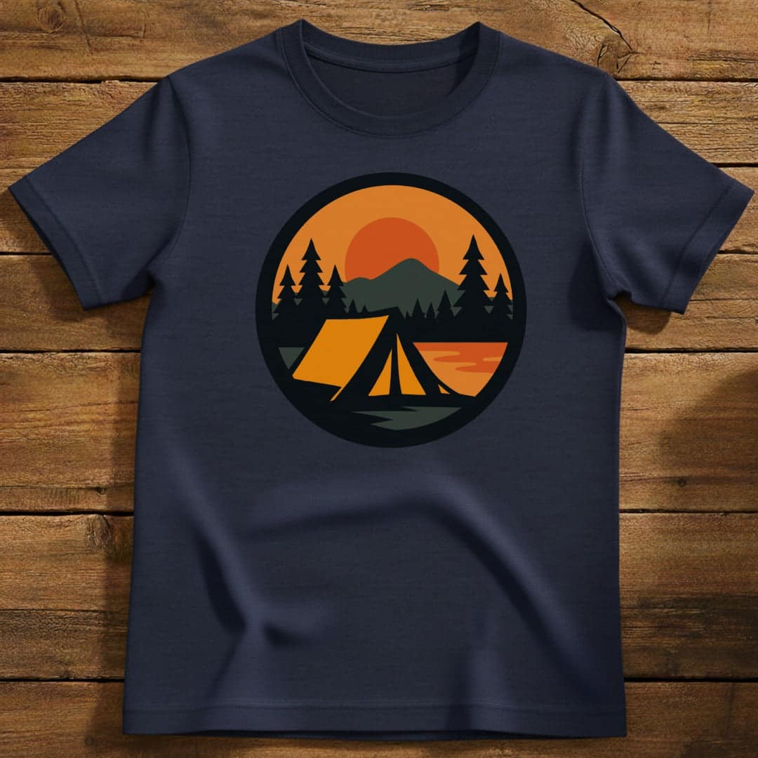 Sunset Tent T-Shirt In S / Navy Lightweight adventure tee for outdoor lovers Perfect for hiking camping or road trips Made from soft breathable cotton for all-day comfort Ideal for nature lovers and adventurers FAYO Threads outdoor apparel remember Fun Awaits You Outside