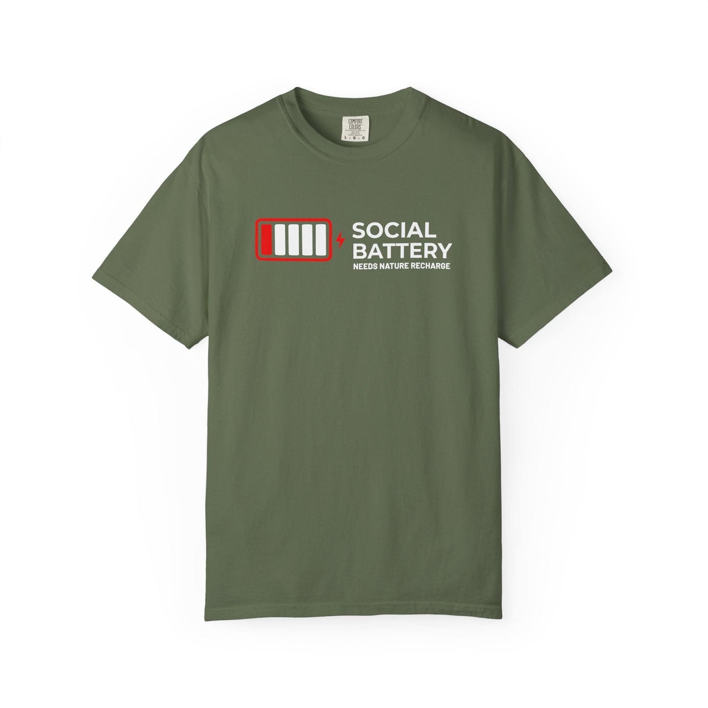 Socail Battery Needs Recharge T-Shirt In Sage / S Lightweight adventure tee for outdoor lovers Perfect for hiking camping or road trips Made from soft breathable cotton for all-day comfort Ideal for nature lovers and adventurers FAYO Threads outdoor apparel remember Fun Awaits You Outside