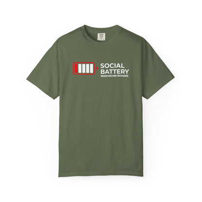 Socail Battery Needs Recharge T-Shirt In Sage / S Lightweight adventure tee for outdoor lovers Perfect for hiking camping or road trips Made from soft breathable cotton for all-day comfort Ideal for nature lovers and adventurers FAYO Threads outdoor apparel remember Fun Awaits You Outside