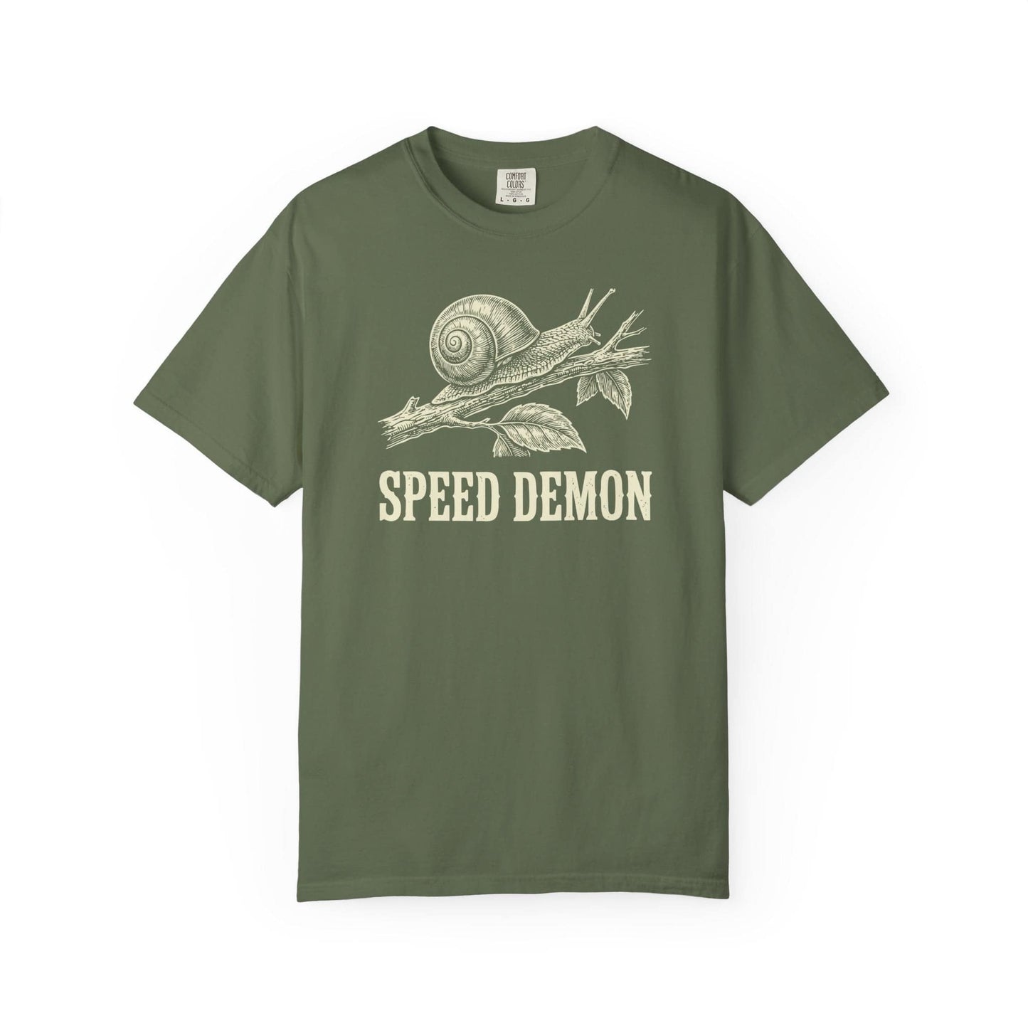 Speed Demon Snail T-Shirt In Sage / S Lightweight adventure tee for outdoor lovers Perfect for hiking camping or road trips Made from soft breathable cotton for all-day comfort Ideal for nature lovers and adventurers FAYO Threads outdoor apparel remember Fun Awaits You Outside