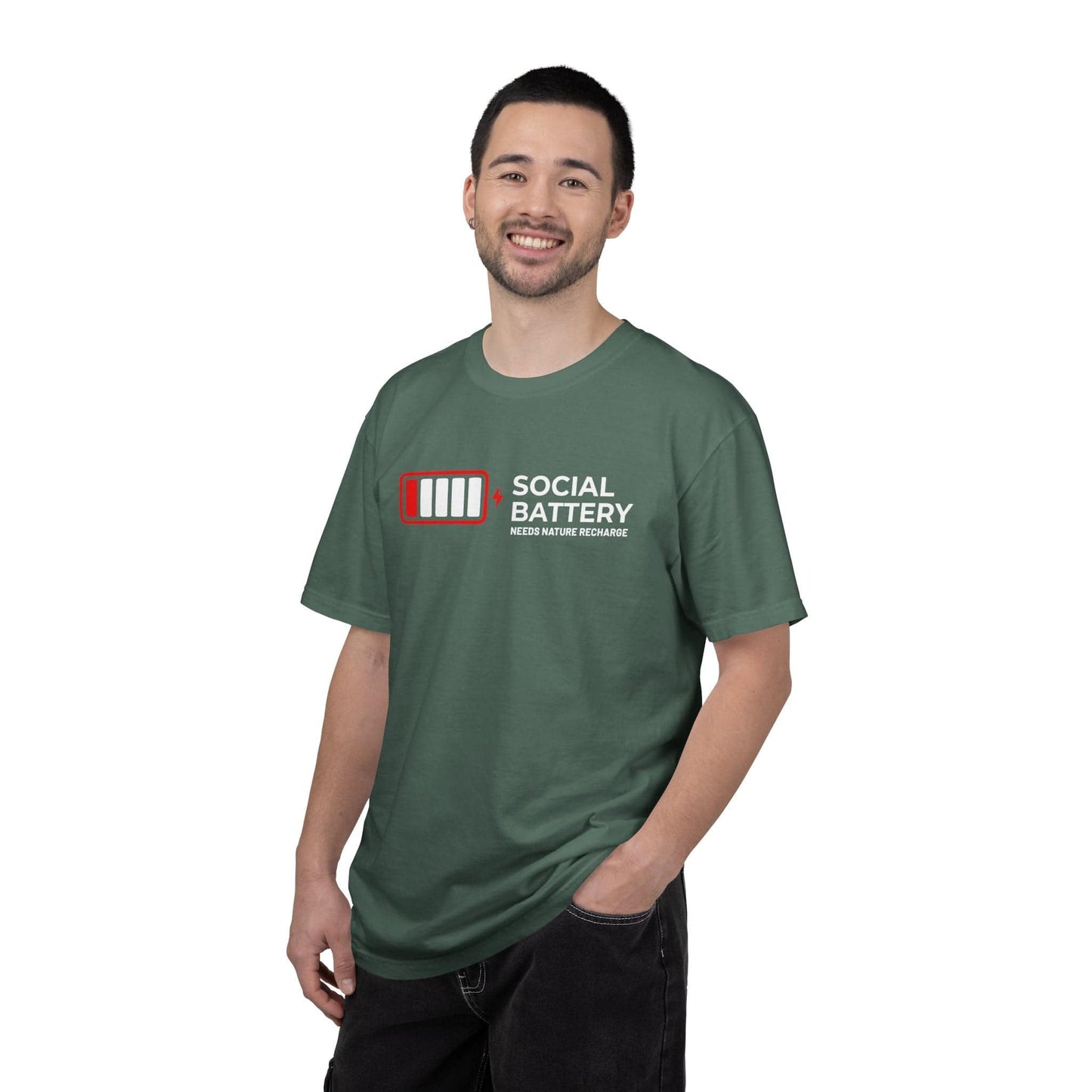 Socail Battery Needs Recharge T-Shirt In Lightweight adventure tee for outdoor lovers Perfect for hiking camping or road trips Made from soft breathable cotton for all-day comfort Ideal for nature lovers and adventurers FAYO Threads outdoor apparel remember Fun Awaits You Outside