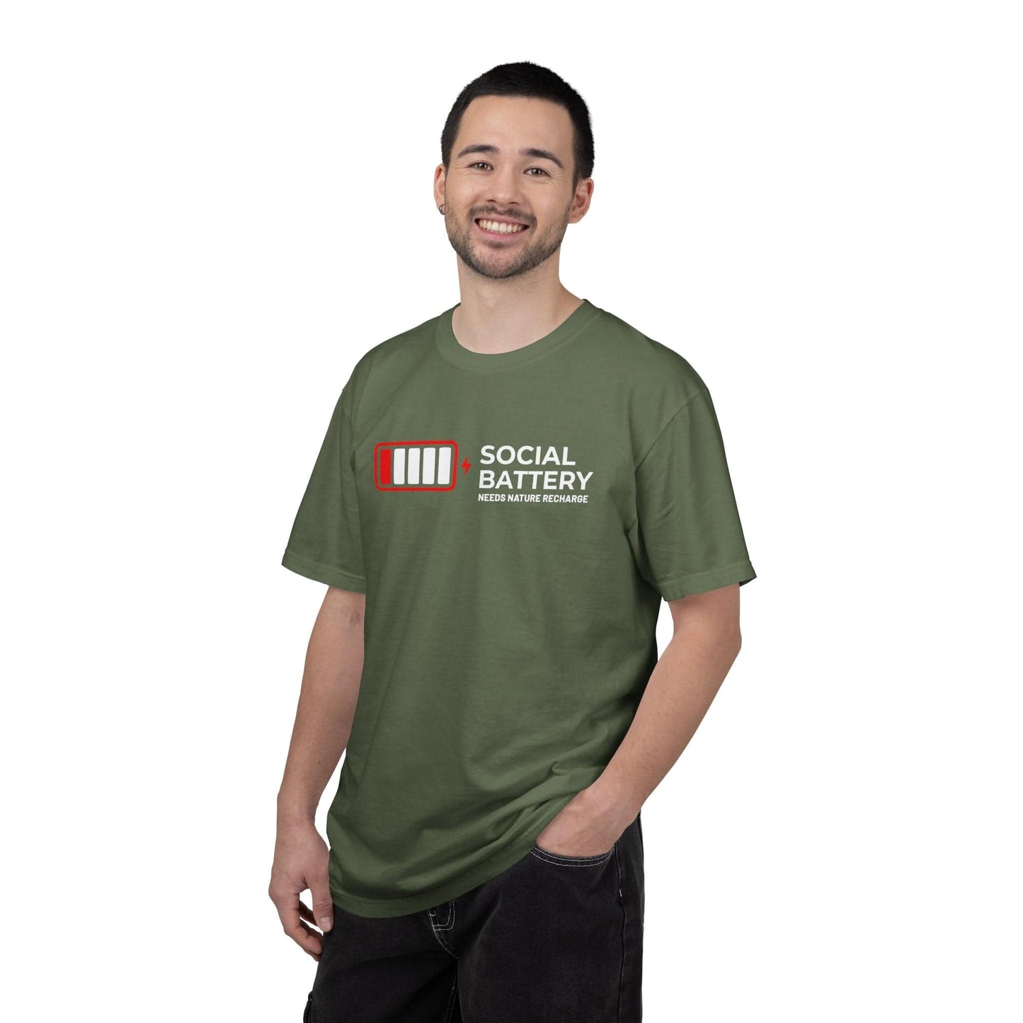 Socail Battery Needs Recharge T-Shirt In Lightweight adventure tee for outdoor lovers Perfect for hiking camping or road trips Made from soft breathable cotton for all-day comfort Ideal for nature lovers and adventurers FAYO Threads outdoor apparel remember Fun Awaits You Outside