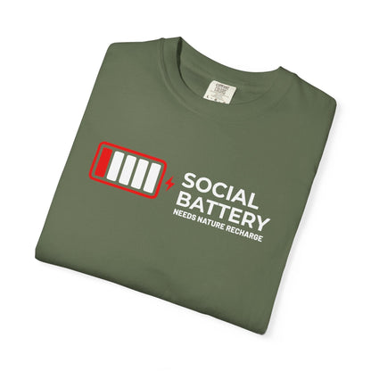 Socail Battery Needs Recharge T-Shirt In Lightweight adventure tee for outdoor lovers Perfect for hiking camping or road trips Made from soft breathable cotton for all-day comfort Ideal for nature lovers and adventurers FAYO Threads outdoor apparel remember Fun Awaits You Outside