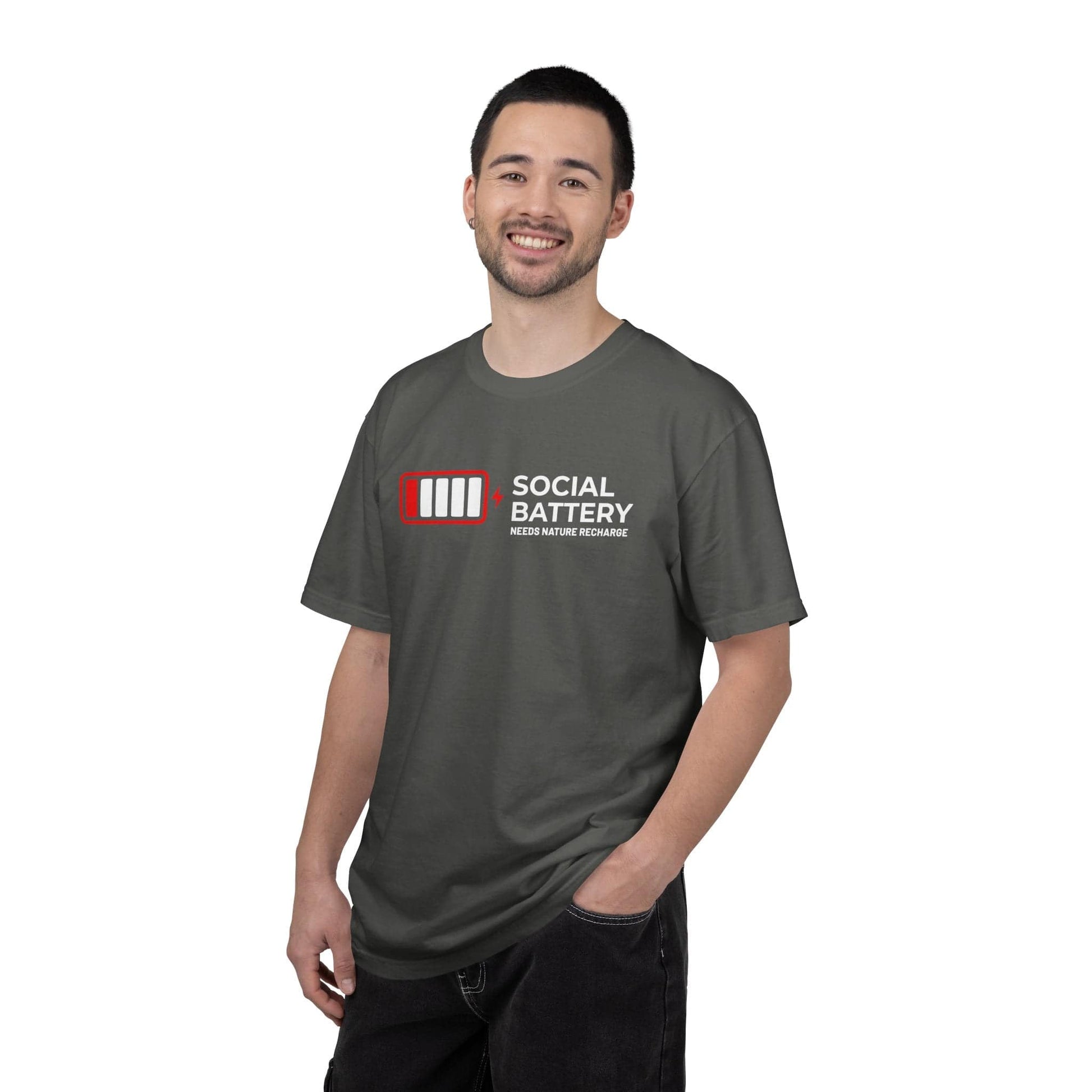 Socail Battery Needs Recharge T-Shirt In Lightweight adventure tee for outdoor lovers Perfect for hiking camping or road trips Made from soft breathable cotton for all-day comfort Ideal for nature lovers and adventurers FAYO Threads outdoor apparel remember Fun Awaits You Outside