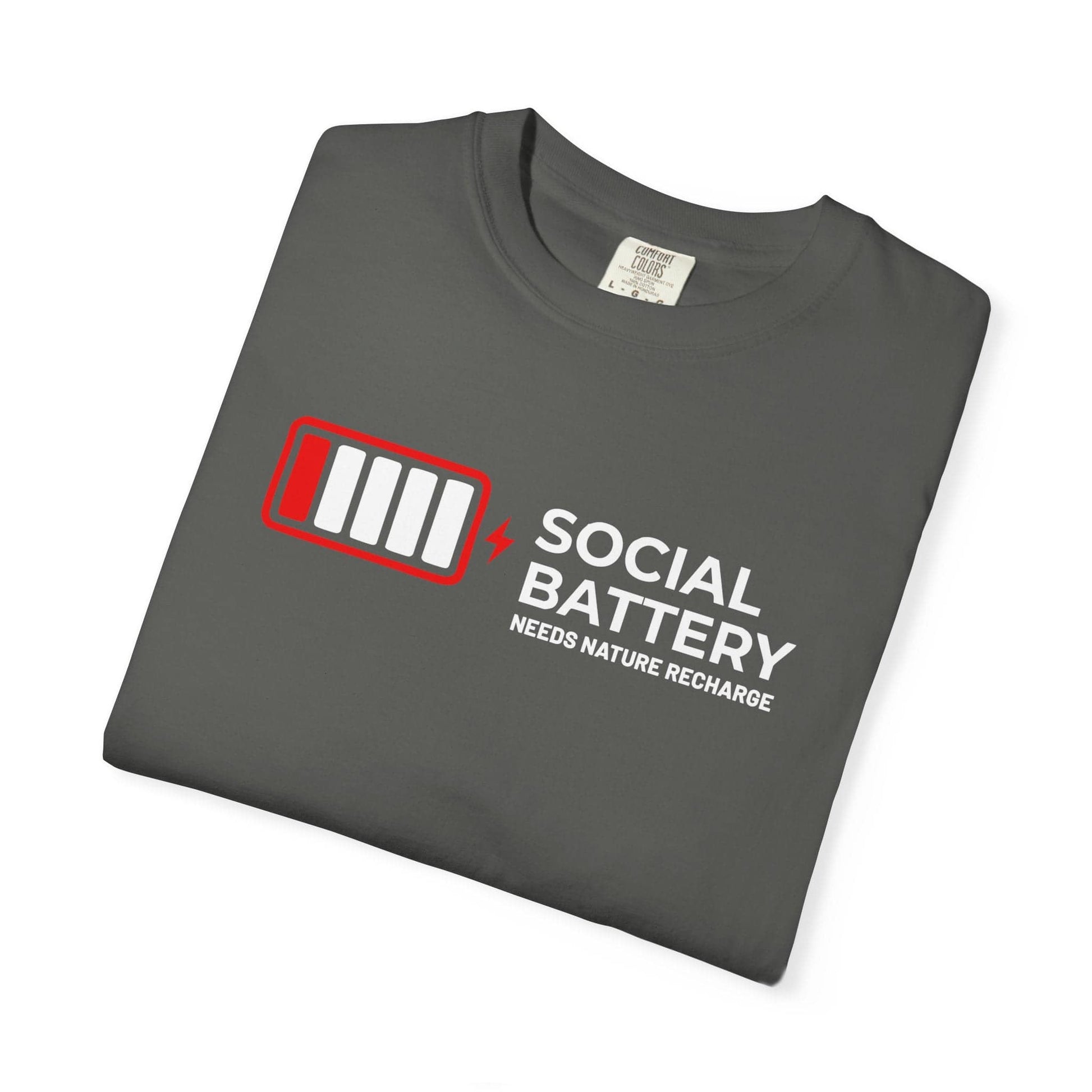 Socail Battery Needs Recharge T-Shirt In Lightweight adventure tee for outdoor lovers Perfect for hiking camping or road trips Made from soft breathable cotton for all-day comfort Ideal for nature lovers and adventurers FAYO Threads outdoor apparel remember Fun Awaits You Outside