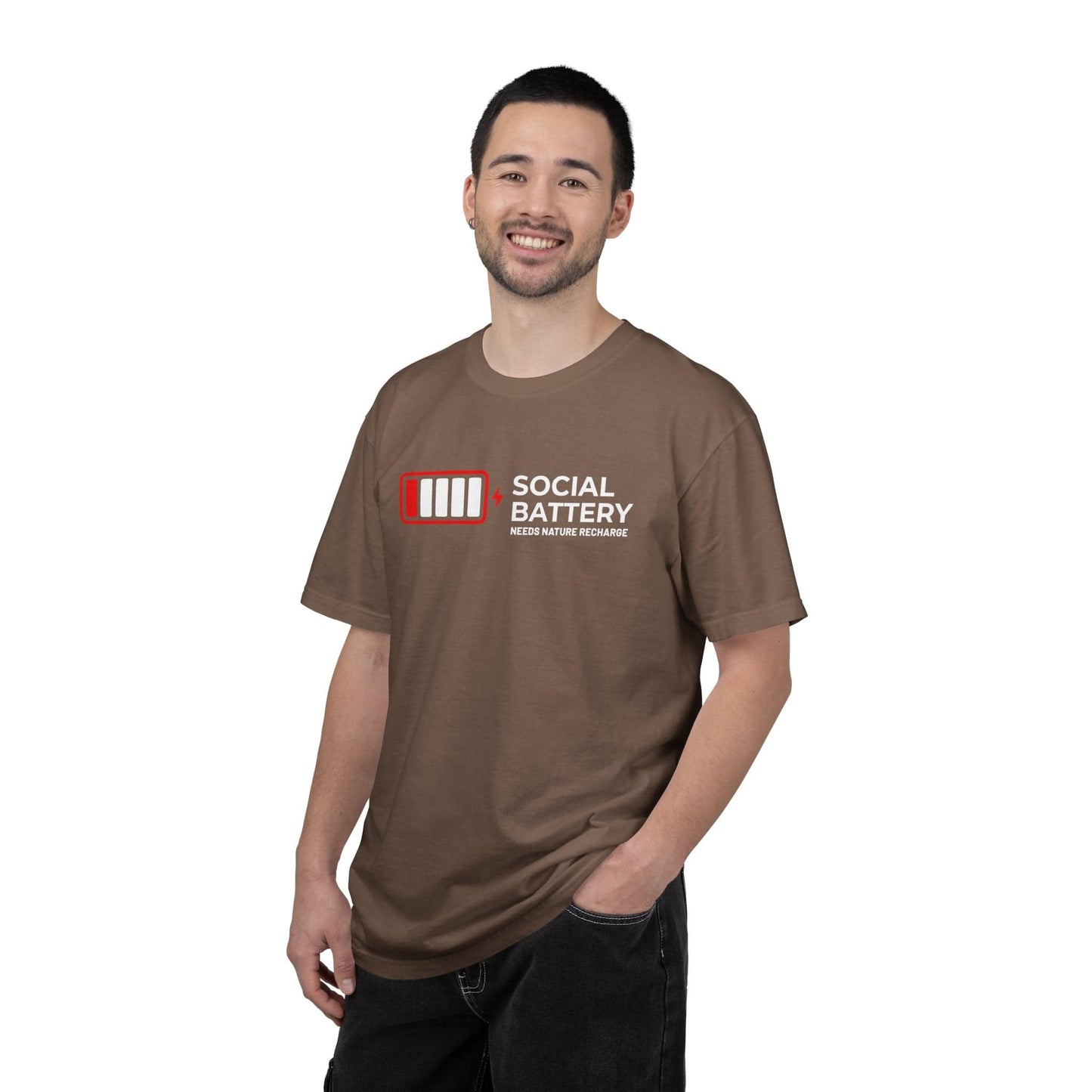 Socail Battery Needs Recharge T-Shirt In Lightweight adventure tee for outdoor lovers Perfect for hiking camping or road trips Made from soft breathable cotton for all-day comfort Ideal for nature lovers and adventurers FAYO Threads outdoor apparel remember Fun Awaits You Outside