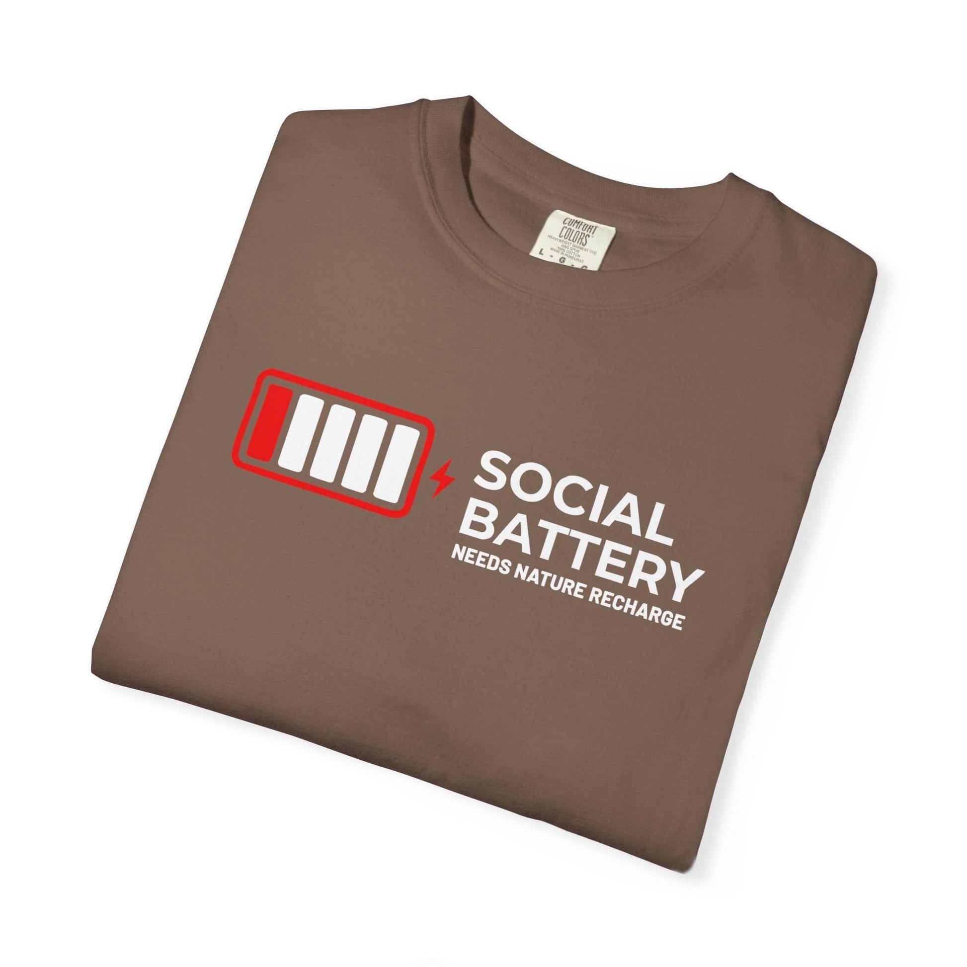 Socail Battery Needs Recharge T-Shirt In Lightweight adventure tee for outdoor lovers Perfect for hiking camping or road trips Made from soft breathable cotton for all-day comfort Ideal for nature lovers and adventurers FAYO Threads outdoor apparel remember Fun Awaits You Outside