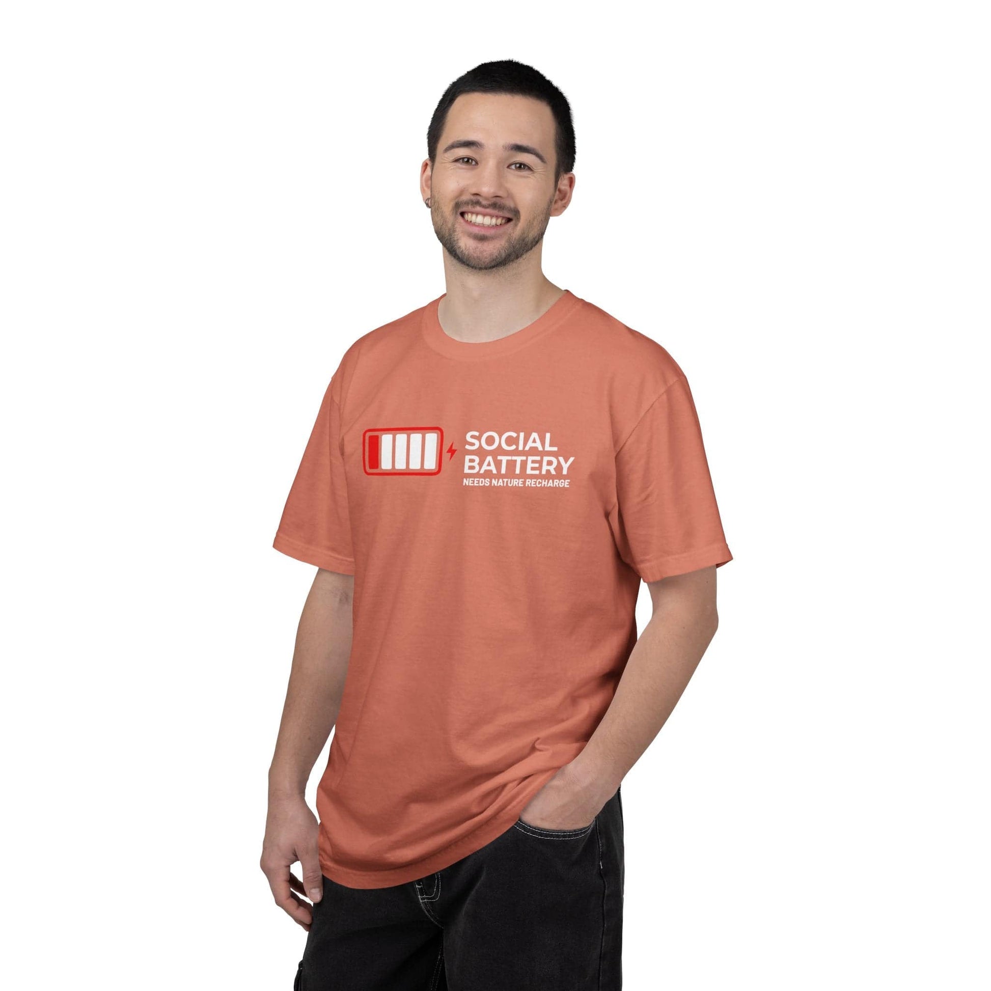 Socail Battery Needs Recharge T-Shirt In Lightweight adventure tee for outdoor lovers Perfect for hiking camping or road trips Made from soft breathable cotton for all-day comfort Ideal for nature lovers and adventurers FAYO Threads outdoor apparel remember Fun Awaits You Outside