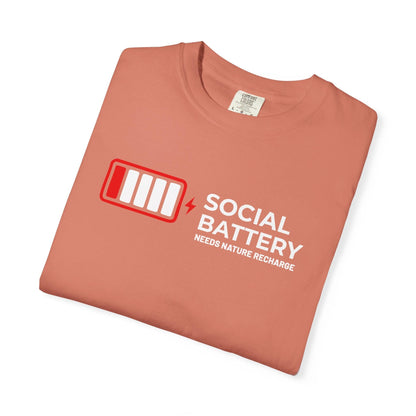 Socail Battery Needs Recharge T-Shirt In Lightweight adventure tee for outdoor lovers Perfect for hiking camping or road trips Made from soft breathable cotton for all-day comfort Ideal for nature lovers and adventurers FAYO Threads outdoor apparel remember Fun Awaits You Outside