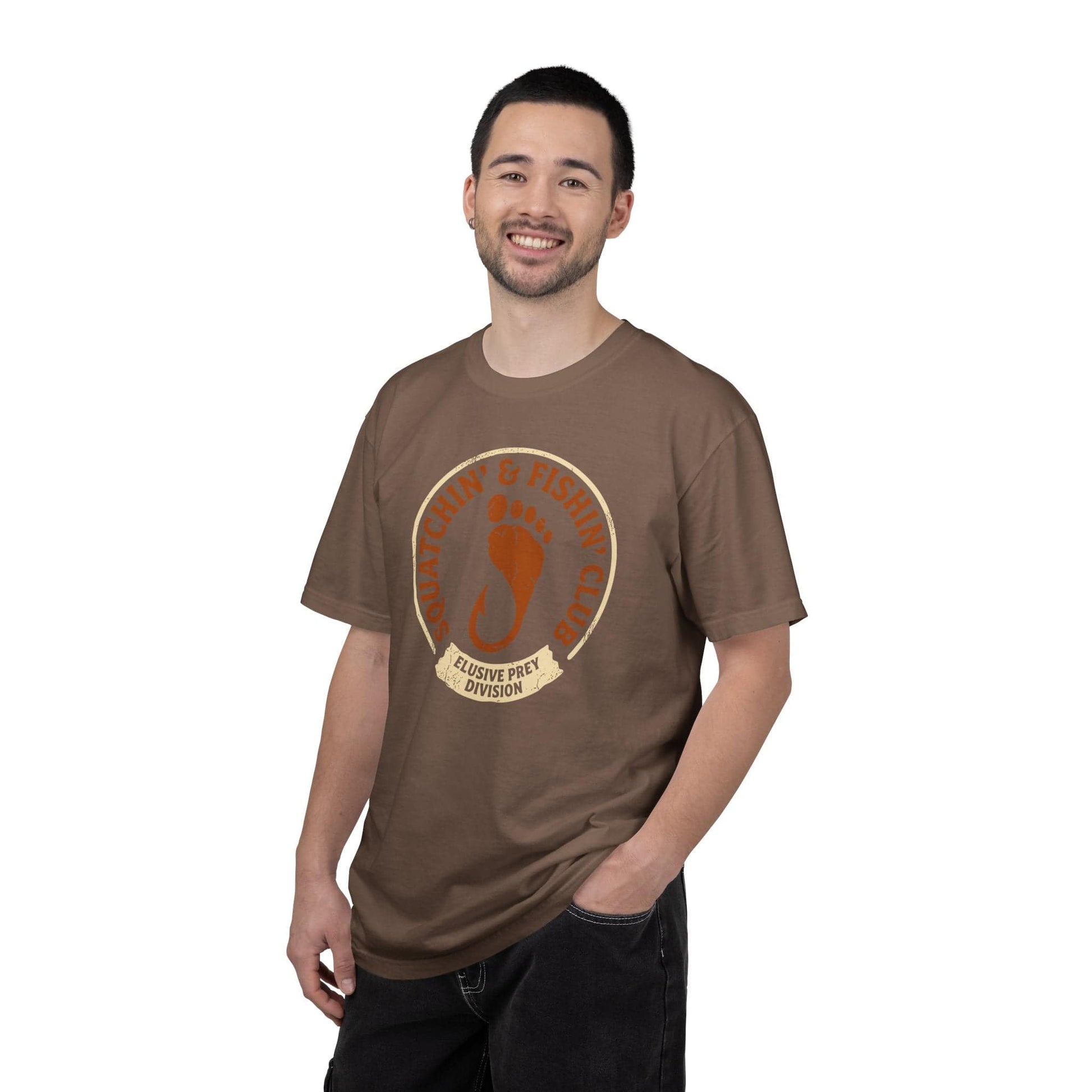 Squatchin' & Fishin' Club T-Shirt In Lightweight adventure tee for outdoor lovers Perfect for hiking camping or road trips Made from soft breathable cotton for all-day comfort Ideal for nature lovers and adventurers FAYO Threads outdoor apparel remember Fun Awaits You Outside