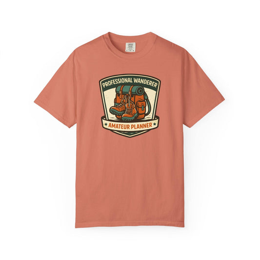 Professional Wanderer Amateur Planner T-Shirt In Terracotta / S Lightweight adventure tee for outdoor lovers Perfect for hiking camping or road trips Made from soft breathable cotton for all-day comfort Ideal for nature lovers and adventurers FAYO Threads outdoor apparel remember Fun Awaits You Outside
