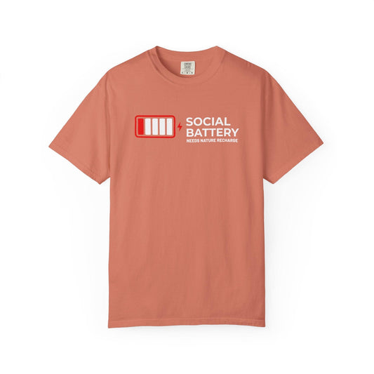 Socail Battery Needs Recharge T-Shirt In Terracotta / S Lightweight adventure tee for outdoor lovers Perfect for hiking camping or road trips Made from soft breathable cotton for all-day comfort Ideal for nature lovers and adventurers FAYO Threads outdoor apparel remember Fun Awaits You Outside
