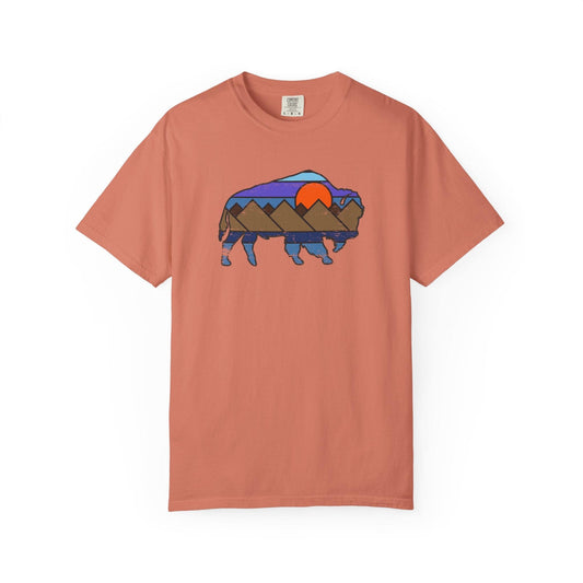 Sunset Buffalo T-Shirt In Terracotta / S Lightweight adventure tee for outdoor lovers Perfect for hiking camping or road trips Made from soft breathable cotton for all-day comfort Ideal for nature lovers and adventurers FAYO Threads outdoor apparel remember Fun Awaits You Outside
