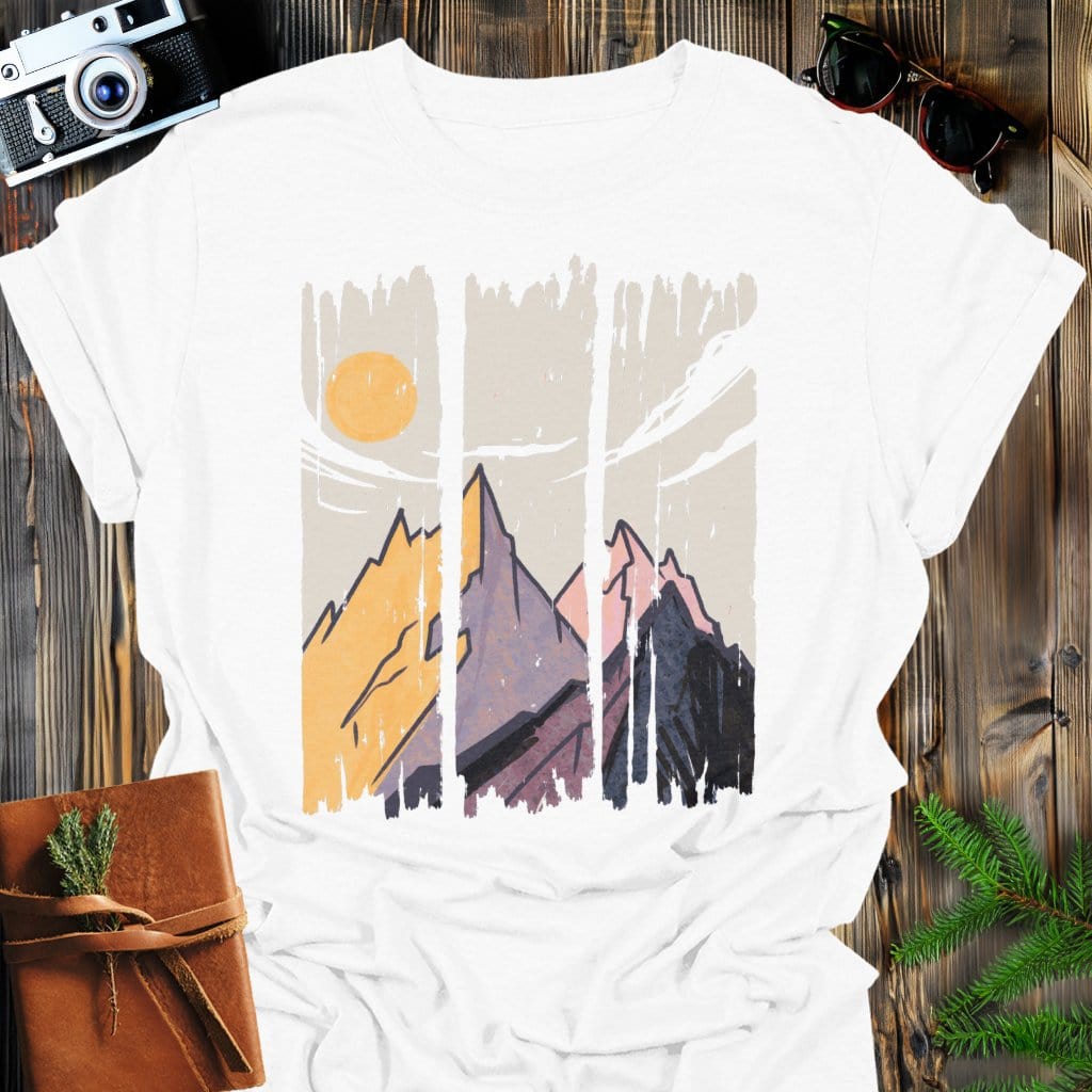 Sunset Peaks T-Shirt In White / S Lightweight adventure tee for outdoor lovers Perfect for hiking camping or road trips Made from soft breathable cotton for all-day comfort Ideal for nature lovers and adventurers FAYO Threads outdoor apparel remember Fun Awaits You Outside
